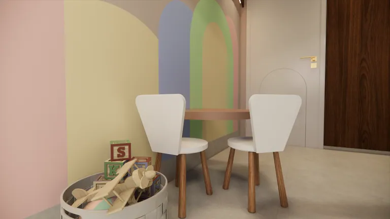 Cantinho infantil com mesa, cadeiras brancas e arcos coloridos