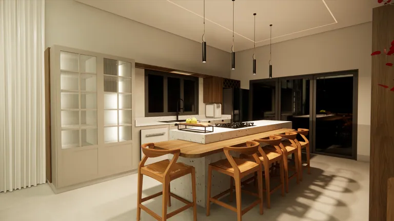Cozinha com armários claros, estante iluminada e ilha